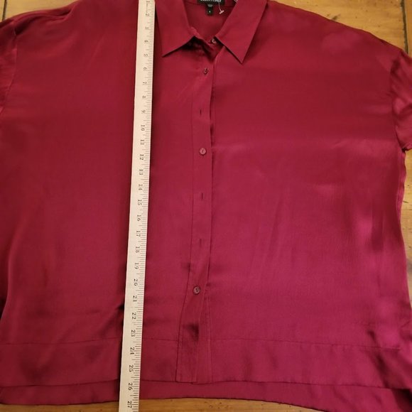 Eileen Fisher Cranberry Red Long Sleeve Hammered Silk Collared Blouse, Sz Small - Picture 7 of 7